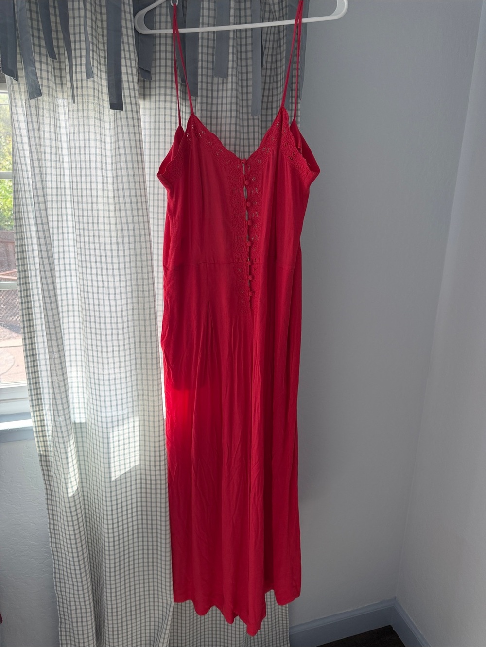 Free People Red Button-Front Slip Dress with Lace Trim
